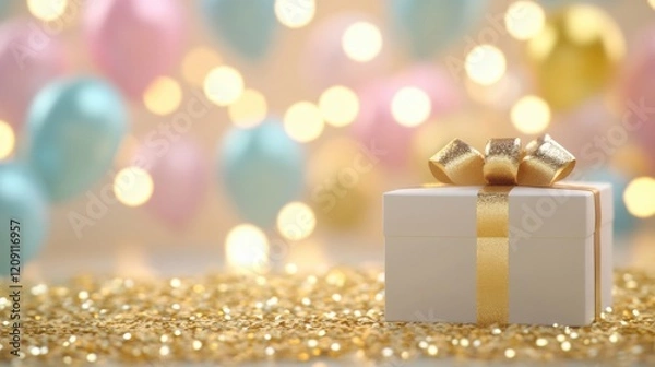 Fototapeta Brightly colored gift boxes are surrounded by balloons and shimmering decorations, enhancing the festive mood for an upcoming celebration