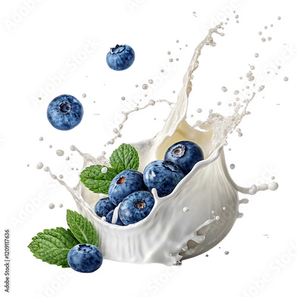 Fototapeta Fresh blueberries with a white splash on a transparent background