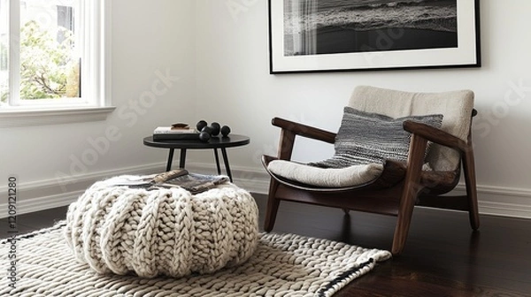 Fototapeta Cozy living room setup featuring a comfortable chair and stylish decor in a modern home