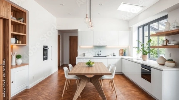 Fototapeta A contemporary elegant house featuring a modern kitchen, table, wooden elements, and parquet floor, showcasing a minimalist white and gray interior in vibrant electric colors