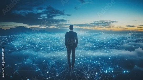Fototapeta Businessman Standing on Clouds with Digital Connections and Sunset