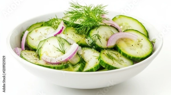 Fototapeta A bowl of refreshing cucumber salad with thinly sliced cucumbers, red onion, dill