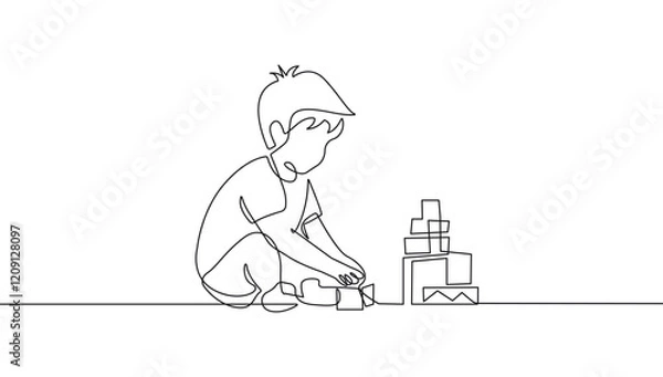 Obraz Little Boy Playing with Toys One Line Vector Illustration. Continuous Single Line Drawing of Happy Child. Boy Playing Hand Drawn Contour Silhouette Outline Style.