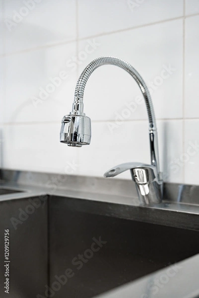 Fototapeta Modern chrome kitchen faucet design with sleek lines and minimalist style enhances contemporary cooking spaces