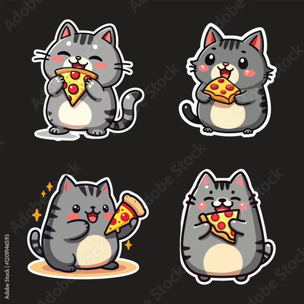 Fototapeta Four cartoon gray cats with striped patterns are depicted, each happily holding and eating a slice of pizza