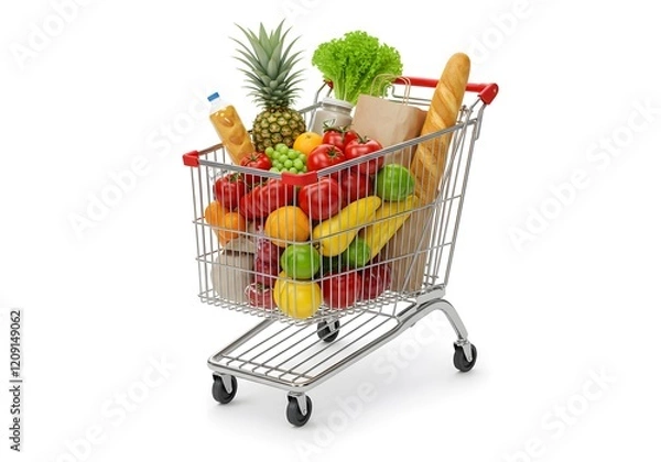 Fototapeta A metal shopping cart filled with a variety of fresh groceries, isolated on a white background