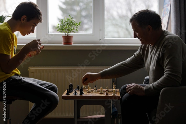 Fototapeta Young teenage boy and older man enjoying a chess game indoors during daylight hours