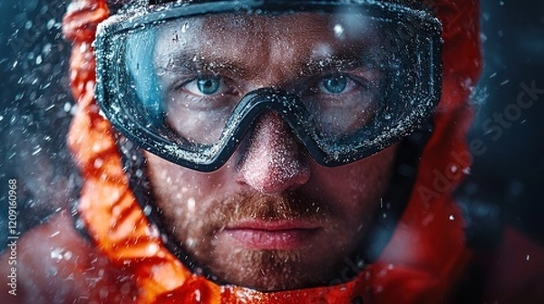 Fototapeta Close up of Man s Face in Snowstorm Wearing Goggles and Orange Jacket Extreme Weather Conditions