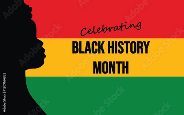 Fototapeta Black History Month Poster, Card, Banner, and Background Featuring Black Woman Side View on Red, Yellow, and Green Flag. Honoring African Heritage, Strength, and Cultural Pride.
