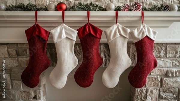 Fototapeta Christmas stockings hung with care cozy living room holiday decor festive environment warm atmosphere
