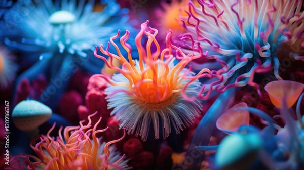 Fototapeta Close-Up of Exotic Coral Polyps with Neon Colors. International Day for Biodiversity. World Oceans Day. Marine. Dive Tourism. Environmental Education. Earth Day