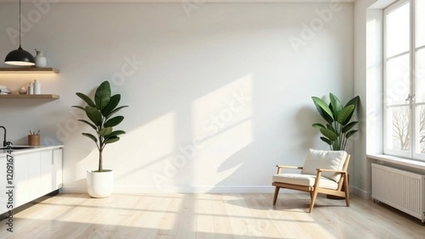 Fototapeta Sunlight streams into a minimalist room featuring a comfortable armchair, potted plants, and sleek kitchen cabinetry.