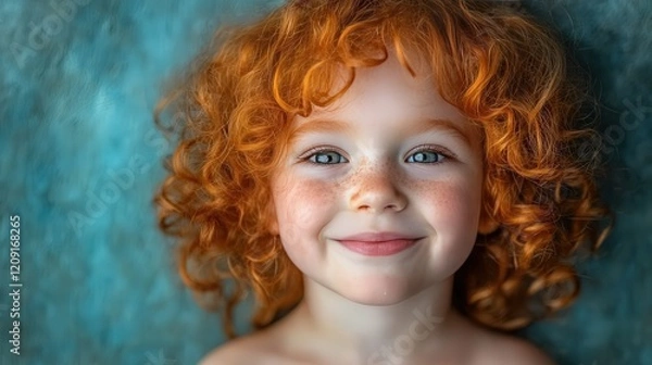 Fototapeta Bright and Joyful Portrait of a Young Child with Vibrant Red Curly Hair and Sparkling Blue Eyes Smiling Against a Soft Textured Background