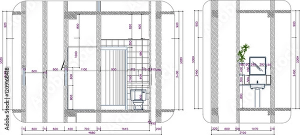 Fototapeta Vector sketch illustration of bathroom site plan section view silhouette design