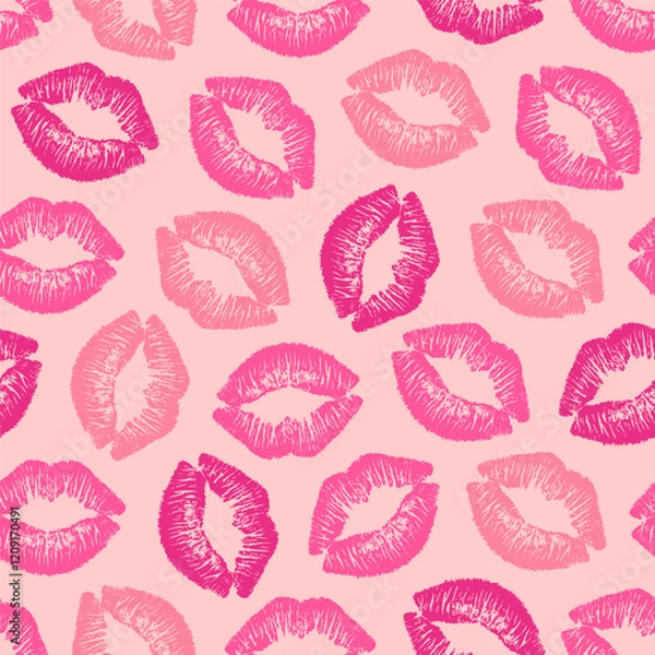 Obraz Seamless pattern with female different lipstick kiss isolated on pink background. Lips kissing prints vector background. 