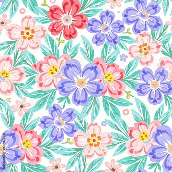 Fototapeta Seamless floral vector pattern with pink flowers and leaves, perfect for wallpaper, textile, and decor