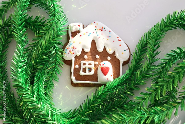 Obraz Gingerbread and green Christmas tree tinsel. Gingerbread house. Selective focus.