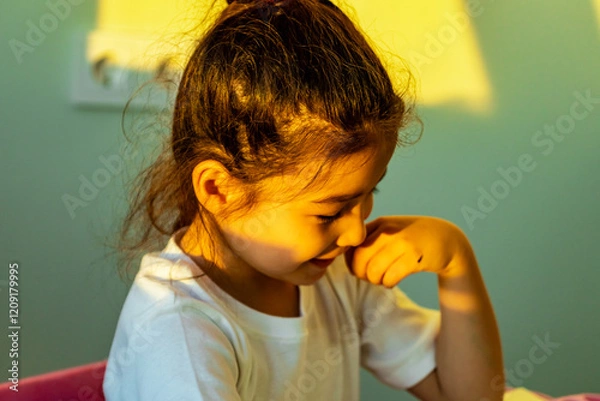 Fototapeta Creative child drawing at the desk at home or school class room