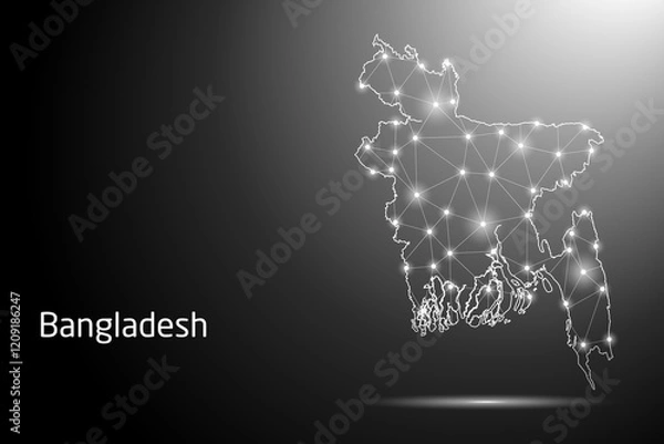 Obraz Abstract Mash Line and Point Scales on The Dark Gradient Background With Map of Bangladesh. 3D Mesh Polygonal Network Connections. Vector illustration eps 10.	
