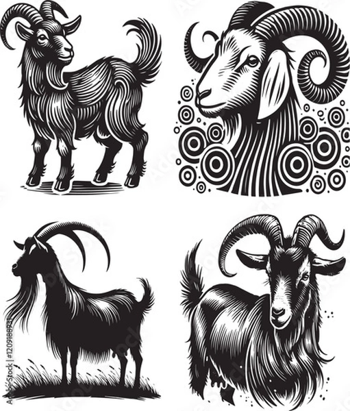 Obraz goat, silhouette of goat, set of goat silhouette, set of black and white goats