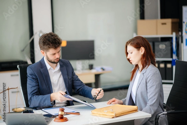 Obraz Business and Male lawyer or judge consult having team meeting with client, Law and Legal services concept