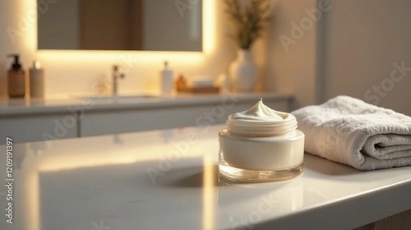 Fototapeta Luxurious Skincare Cream in Glass Jar on Bathroom Counter Beside Soft Towel in Soft Light