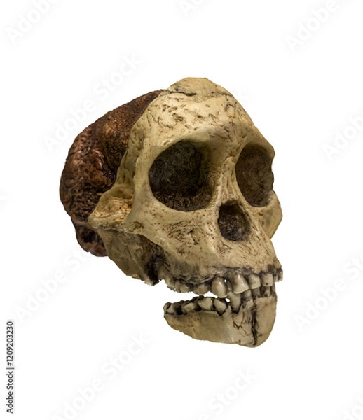 Fototapeta Skull of australopithecus africanus dated to 2.5 million years ago isolated.