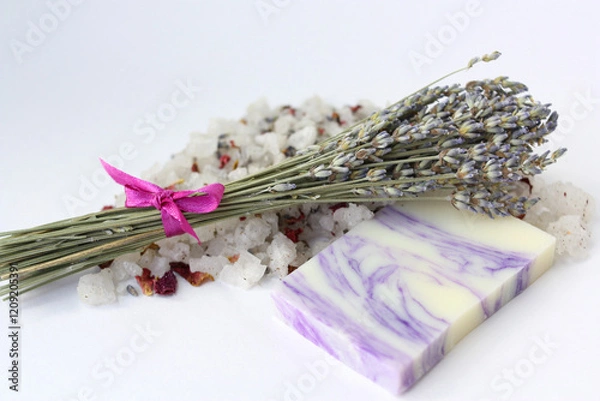 Obraz Handmade soap and sea salt with lavender flowers.