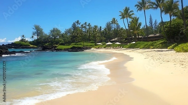 Obraz Tropical Beach Scene with Palm Trees and Resort