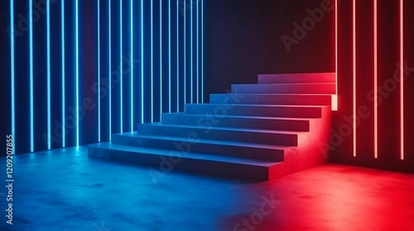 Fototapeta Neon Lit Steps Modern Abstract Staircase Design