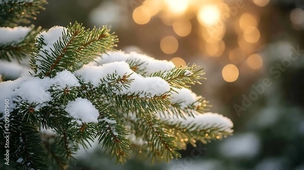 Fototapeta Snow dusted pine branch in golden sunlight