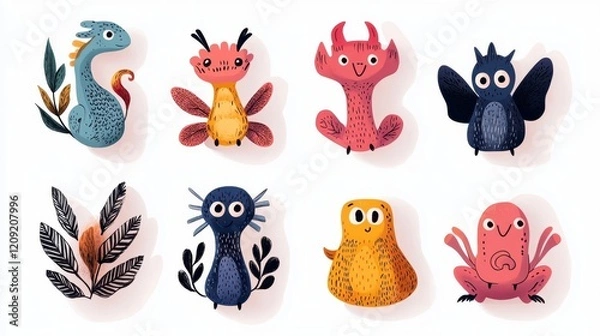 Obraz Colorful Cartoon Creatures and Plants in Playful Illustration Style