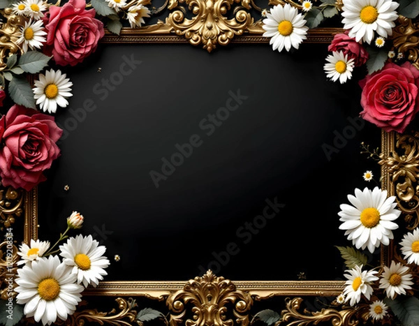 Obraz Elegant Floral Frame: Roses and Daisies Adorn a Gilded Frame