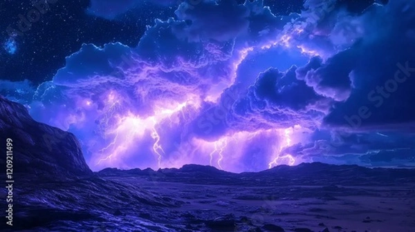 Fototapeta Dramatic Night Landscape with Vibrant Purple Lightning Strikes and Starry Sky over Rocky Terrain
