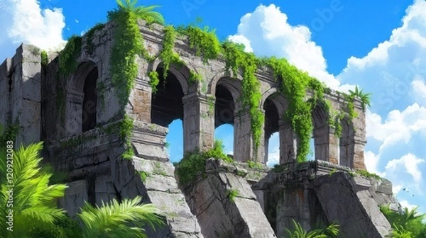 Fototapeta Ancient Ruins Surrounded by Lush Greenery and Blue Sky