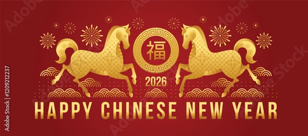 Obraz Happy chinese new year 2026 - Gold twins horse zodiac and fu word mean blessing or happiness in circle frame and firework around on red background vector design