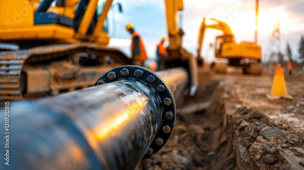 Fototapeta Construction workers laying pipelines at a construction site in the evening light