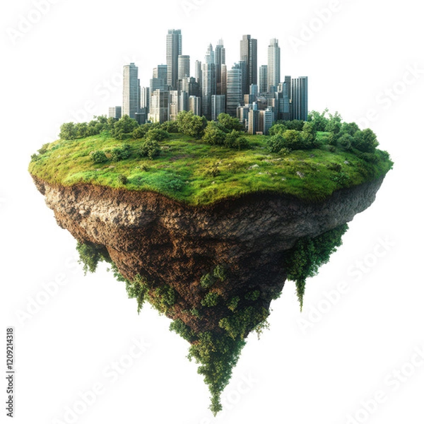 Obraz 3D illustration of Floating island with city building and flying green grass field landscape, round soil ground cross section on transparent background