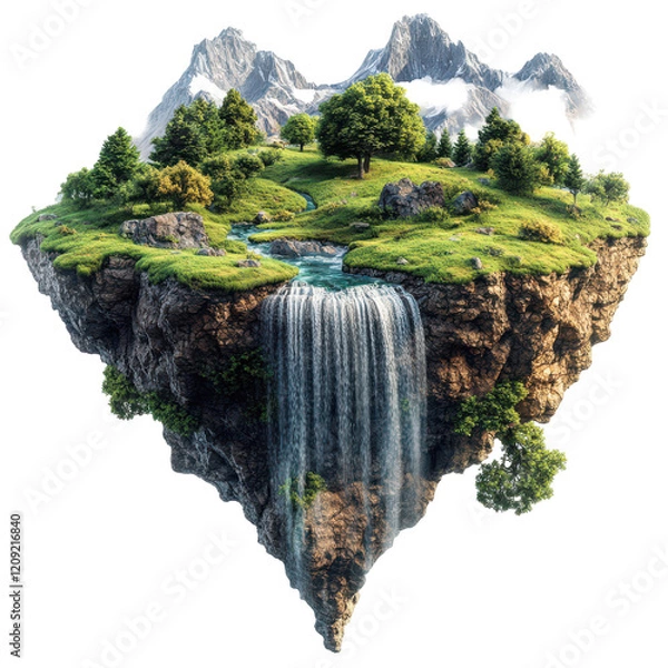 Obraz Green island forest tree, mountains, green grass, waterfall. 3d illustration piece of land with beautiful landscape and waterfalls