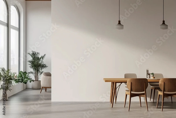Fototapeta Empty White Wall Mockup in Modern Office with Natural Light and Wooden Furniture: 3D Rendering