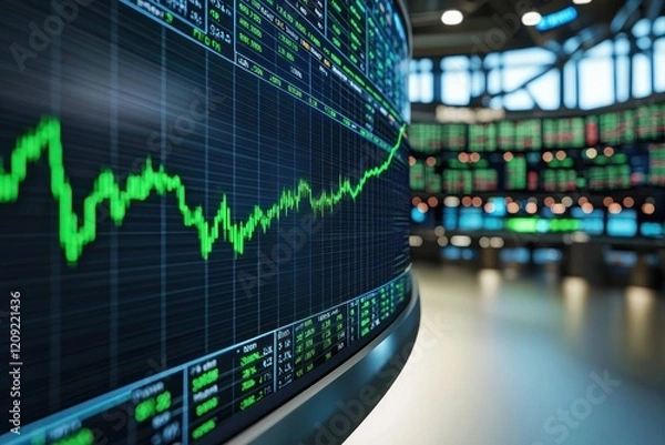 Fototapeta A stock market graph with a green upward trendline, displayed on a curved monitor in a high-tech trading room.