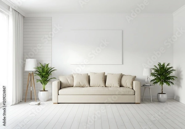 Fototapeta Interior Living Room, Empty Wall Mockup In White Room With Slatted Wood Panels, Beige Sofa And Decorations, 3d Render Real Room Template