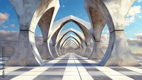 Fototapeta Modern Abstract Architecture with Columns in a Blue Sky Setting