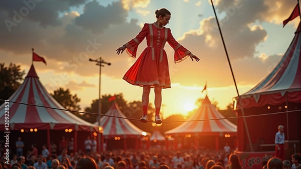 Obraz Vintage tightrope walker balancing at sunset, circus performance thrill