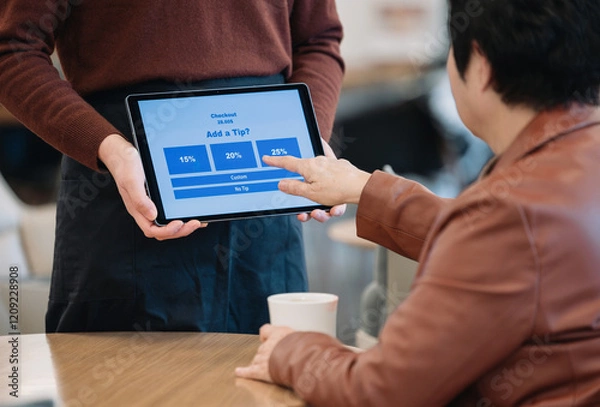 Obraz 카페에서 팁 결제를 위해 태블릿을 들고있는 종업원과 팁 지불을 위해 터치하는 고객