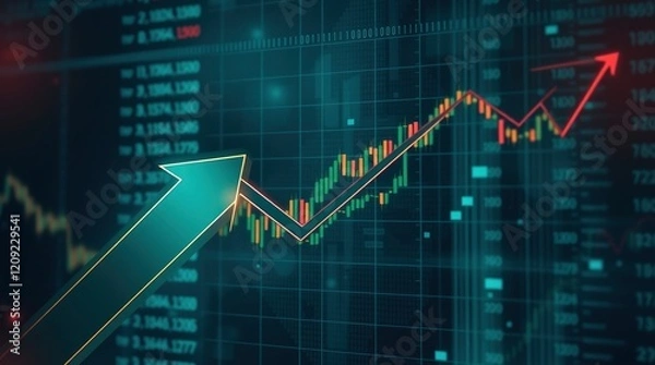 Fototapeta stock market chart, upward trend, financial data, glowing arrows, digital display, candlestick graph, turquoise and orange color scheme, futuristic, data visualization, investment growth, business 