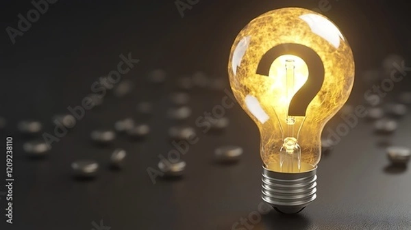 Fototapeta Illuminating Inquiry: A Question Mark Glows within a Lightbulb, Resting on a Complex, Dark Labyrinthine Surface.