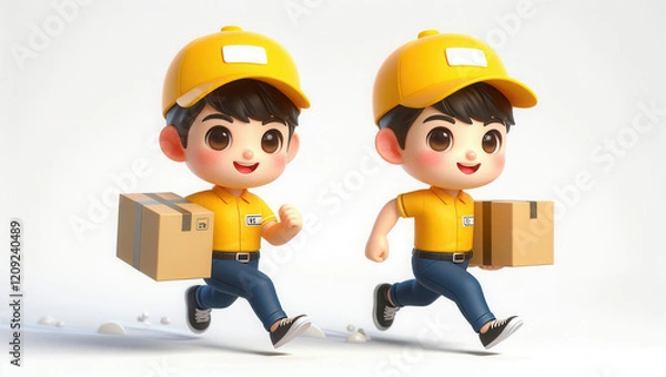 Fototapeta Delivery action characters fun environment cartoon style playful viewpoint expressive concept