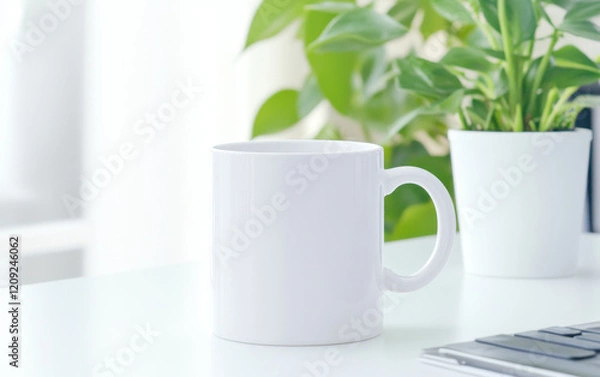 Fototapeta minimalist blank white mug on clean desk with green plant in background creates serene workspace atmosphere