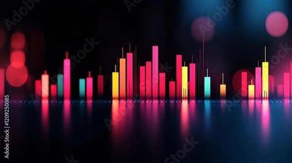 Obraz Abstract colorful data visualization with glowing bars reflecting on a dark surface.